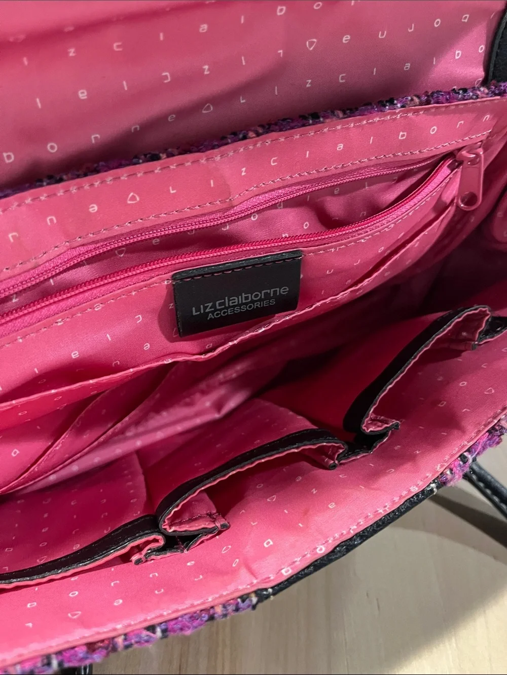 Liz Claiborne Black Leather & Pink Tweed Shoulder Bag